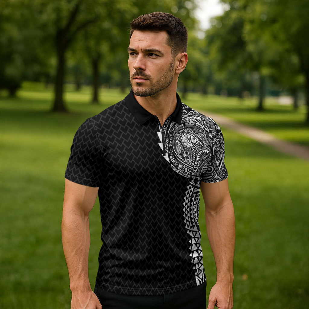 Hawaiian Traditional Tattoos Zipper Polo Shirt Kakau Tribal Tropical Plant Motif Black Color
