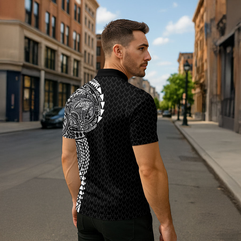 Hawaiian Traditional Tattoos Zipper Polo Shirt Kakau Tribal Tropical Plant Motif Black Color