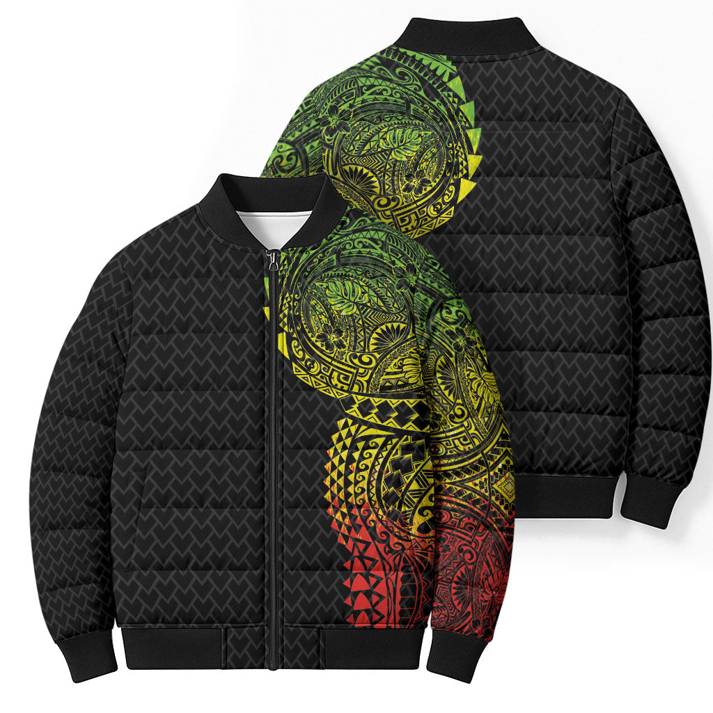Hawaiian Traditional Tattoos Bomber Puffer Jacket Kakau Tribal Tropical Plant Motif Kanaka Maoli Flag Color Inspired