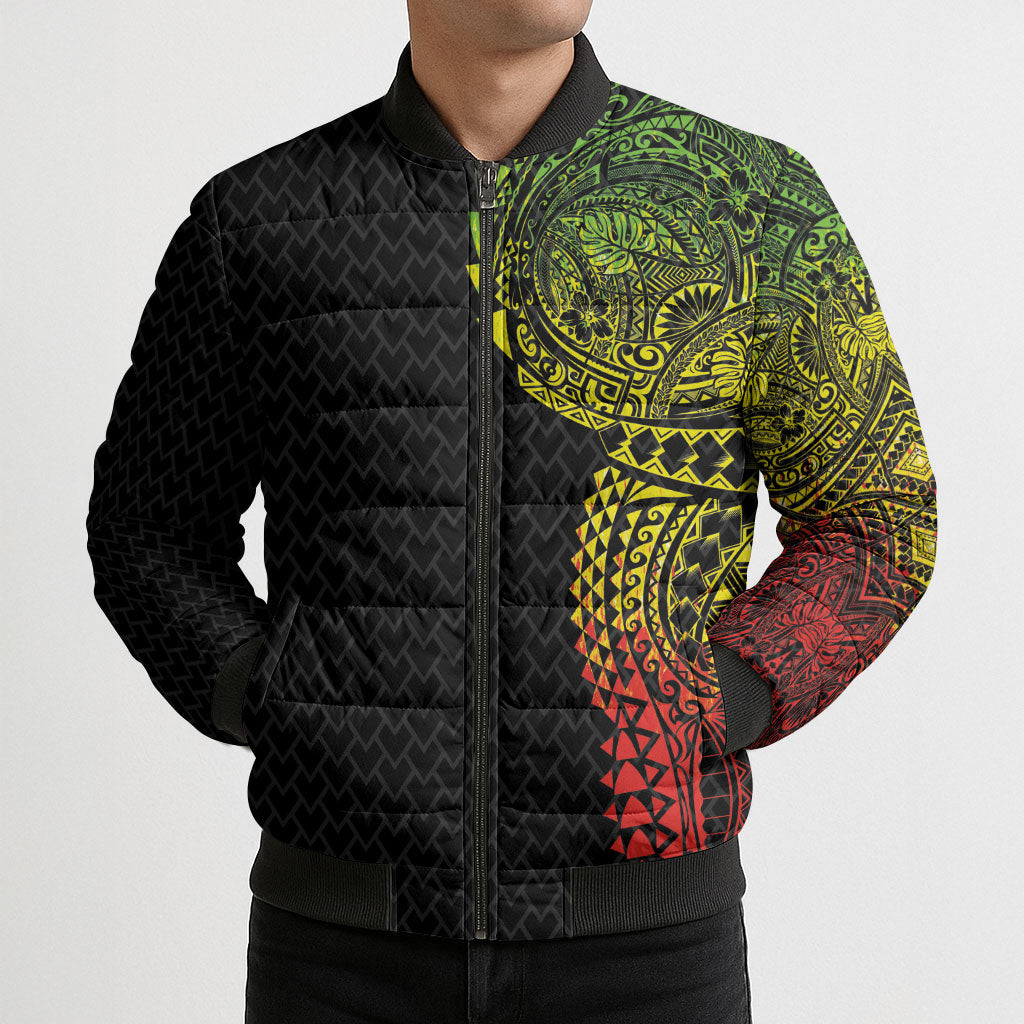 Hawaiian Traditional Tattoos Bomber Puffer Jacket Kakau Tribal Tropical Plant Motif Kanaka Maoli Flag Color Inspired