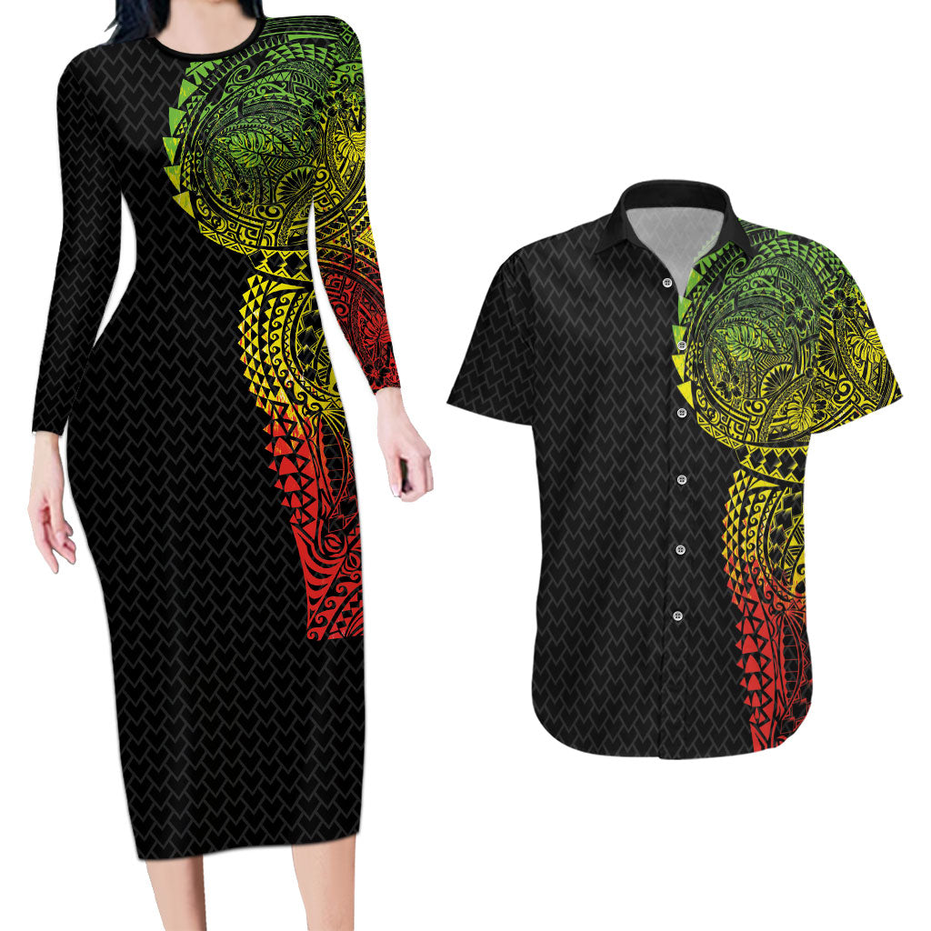 Hawaiian Traditional Tattoos Couples Matching Long Sleeve Bodycon Dress and Hawaiian Shirt Kakau Tribal Tropical Plant Motif Kanaka Maoli Flag Color Inspired