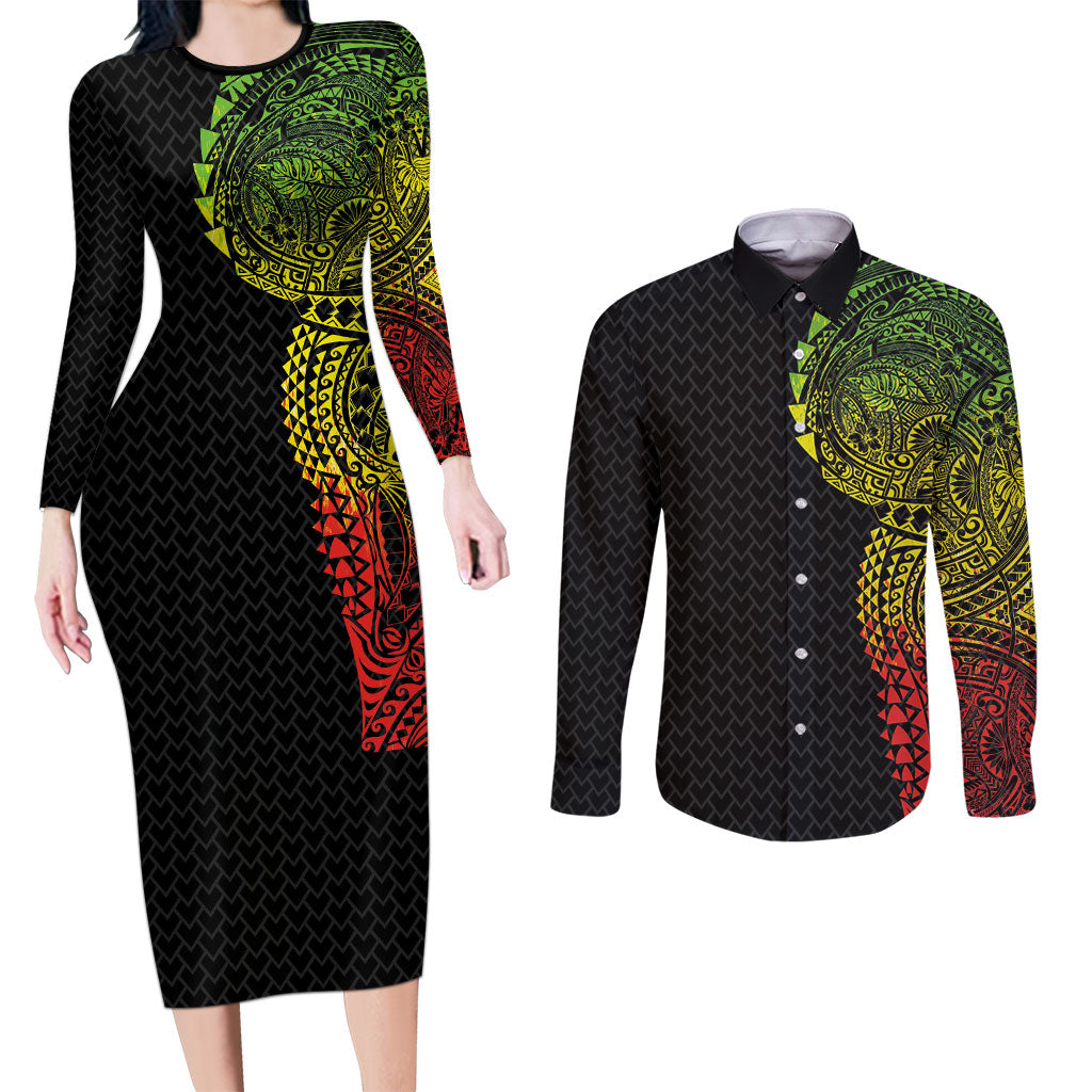 Hawaiian Traditional Tattoos Couples Matching Long Sleeve Bodycon Dress and Long Sleeve Button Shirt Kakau Tribal Tropical Plant Motif Kanaka Maoli Flag Color Inspired LT03 Multicolor - Polynesian Pride