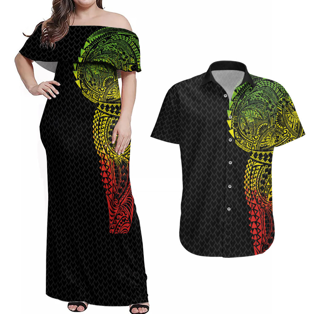 Hawaiian Traditional Tattoos Couples Matching Off Shoulder Maxi Dress and Hawaiian Shirt Kakau Tribal Tropical Plant Motif Kanaka Maoli Flag Color Inspired LT03 Multicolor - Polynesian Pride