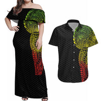 Hawaiian Traditional Tattoos Couples Matching Off Shoulder Maxi Dress and Hawaiian Shirt Kakau Tribal Tropical Plant Motif Kanaka Maoli Flag Color Inspired LT03 Multicolor - Polynesian Pride