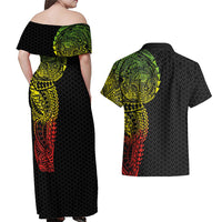 Hawaiian Traditional Tattoos Couples Matching Off Shoulder Maxi Dress and Hawaiian Shirt Kakau Tribal Tropical Plant Motif Kanaka Maoli Flag Color Inspired LT03 - Polynesian Pride