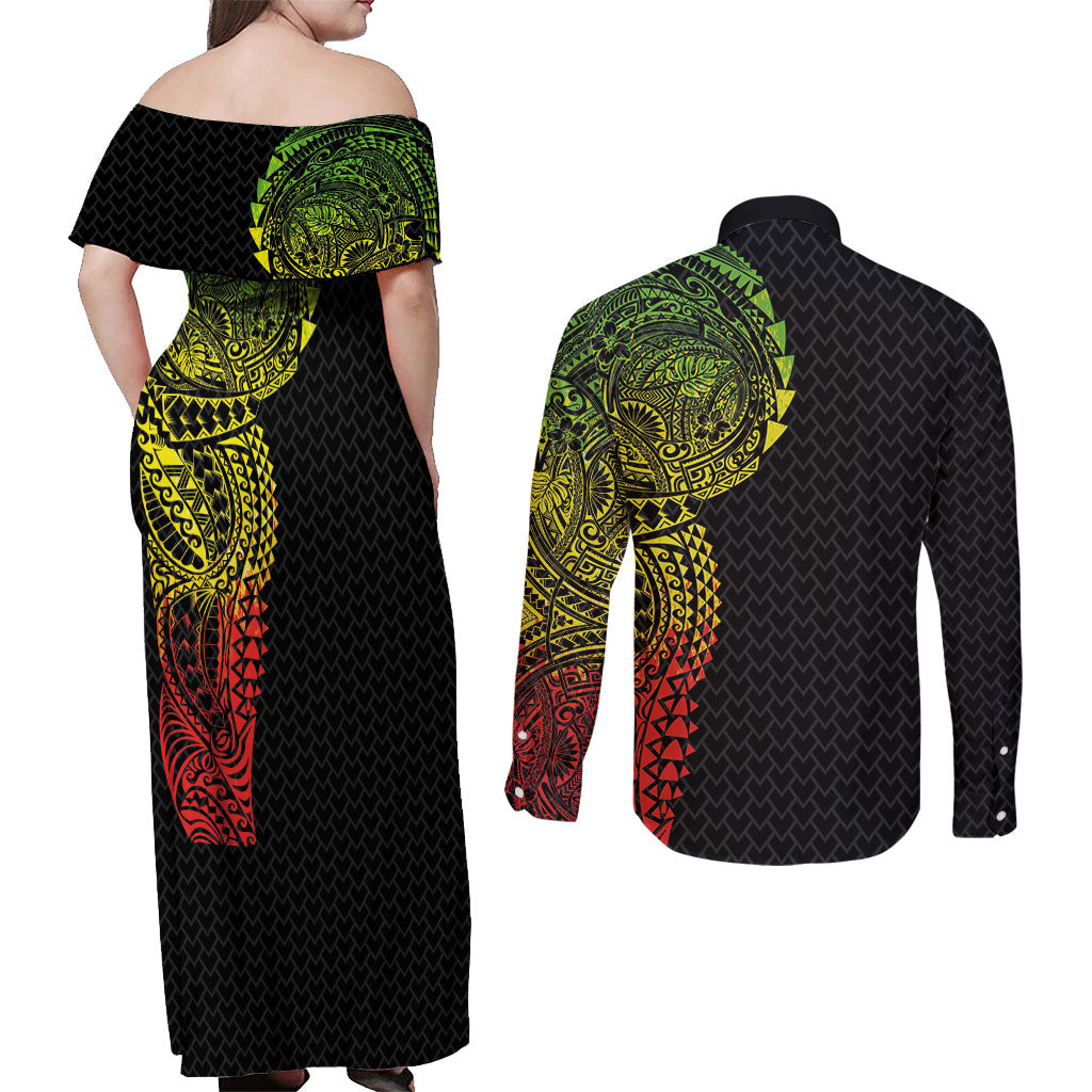 Hawaiian Traditional Tattoos Couples Matching Off Shoulder Maxi Dress and Long Sleeve Button Shirt Kakau Tribal Tropical Plant Motif Kanaka Maoli Flag Color Inspired