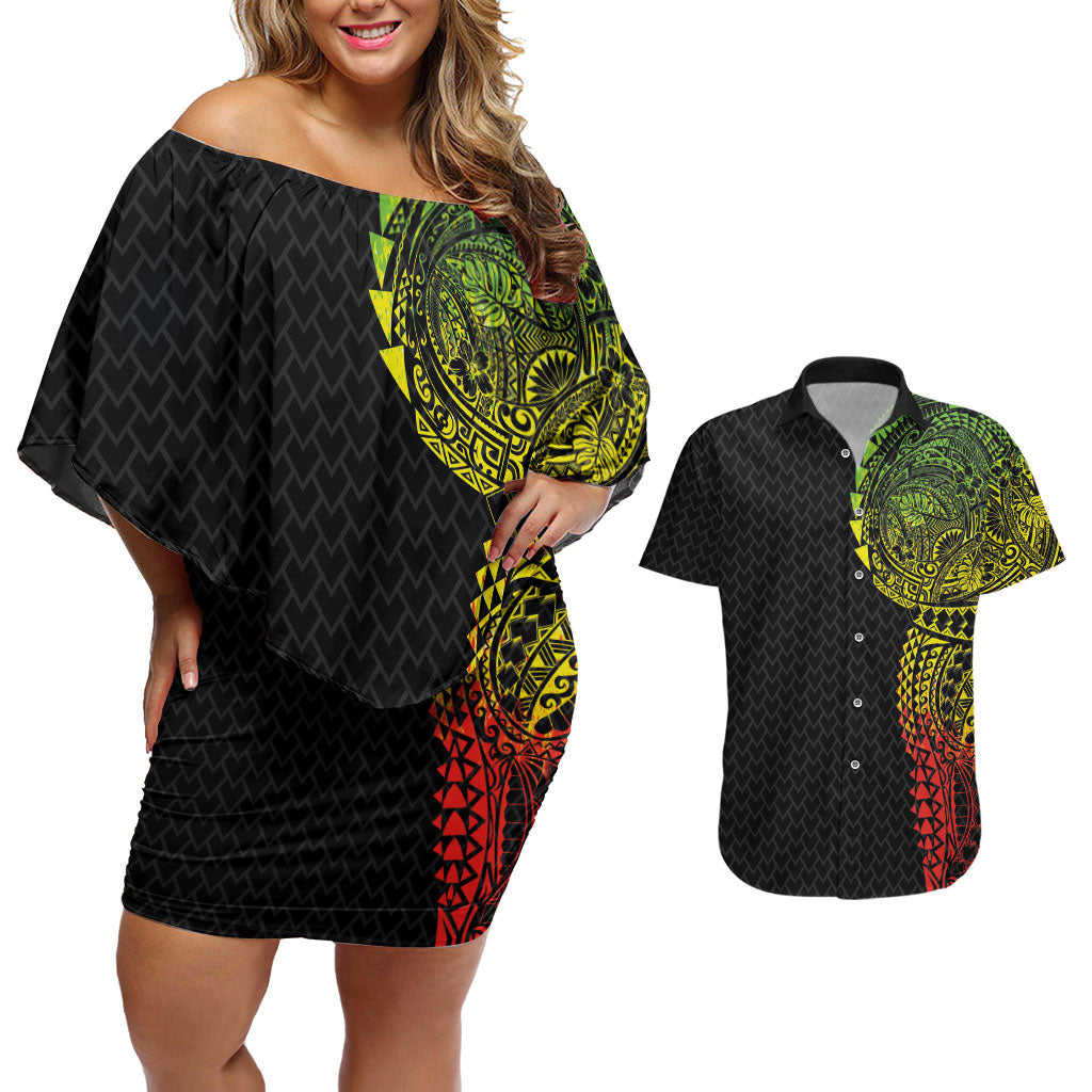 Hawaiian Traditional Tattoos Couples Matching Off Shoulder Short Dress and Hawaiian Shirt Kakau Tribal Tropical Plant Motif Kanaka Maoli Flag Color Inspired