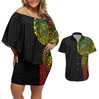Hawaiian Traditional Tattoos Couples Matching Off Shoulder Short Dress and Hawaiian Shirt Kakau Tribal Tropical Plant Motif Kanaka Maoli Flag Color Inspired