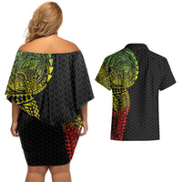 Hawaiian Traditional Tattoos Couples Matching Off Shoulder Short Dress and Hawaiian Shirt Kakau Tribal Tropical Plant Motif Kanaka Maoli Flag Color Inspired
