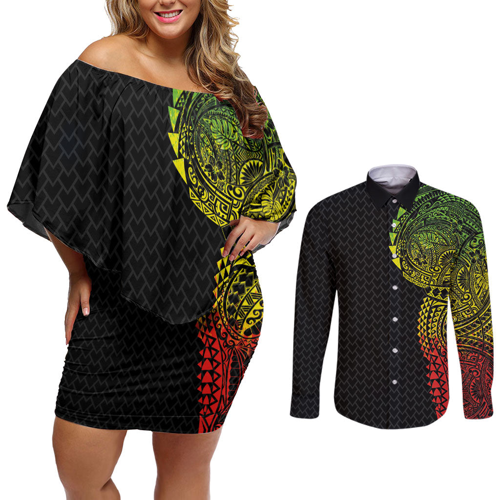 Hawaiian Traditional Tattoos Couples Matching Off Shoulder Short Dress and Long Sleeve Button Shirt Kakau Tribal Tropical Plant Motif Kanaka Maoli Flag Color Inspired