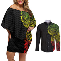 Hawaiian Traditional Tattoos Couples Matching Off Shoulder Short Dress and Long Sleeve Button Shirt Kakau Tribal Tropical Plant Motif Kanaka Maoli Flag Color Inspired