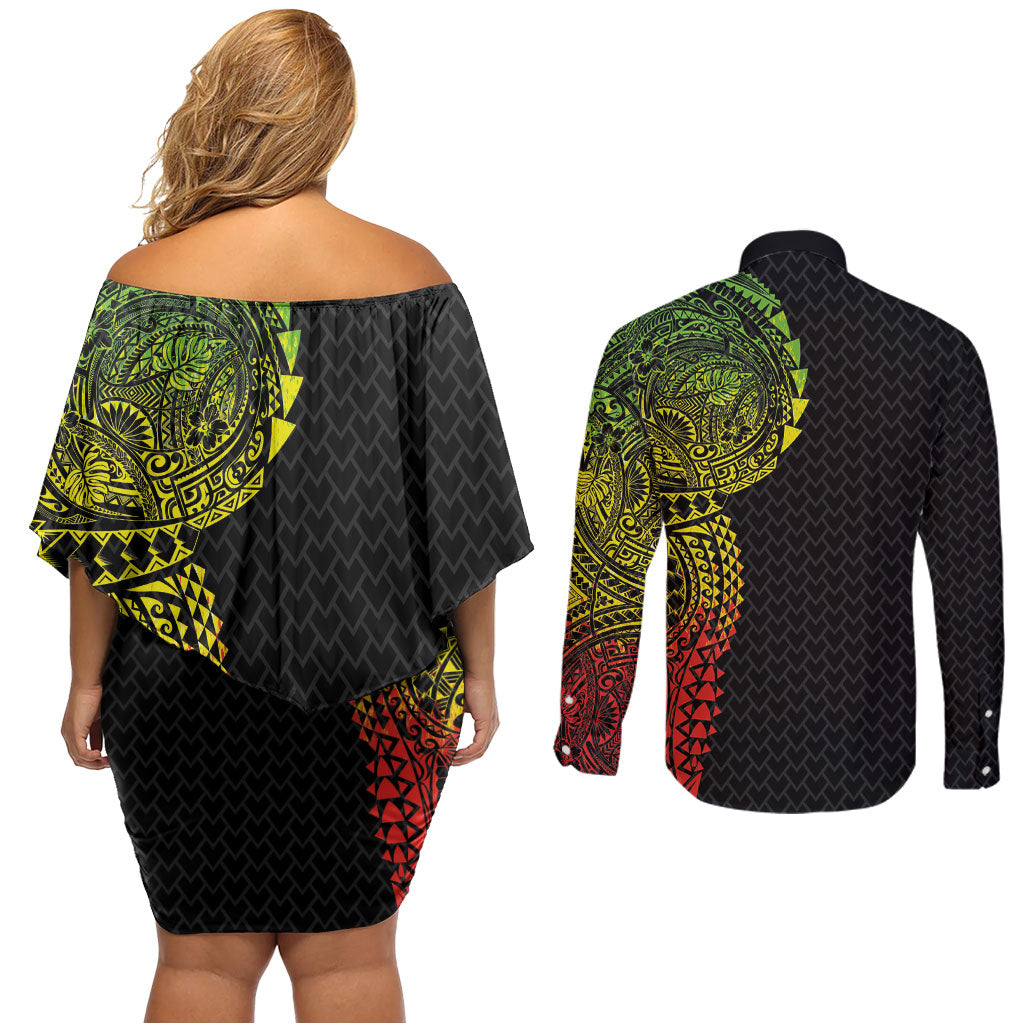Hawaiian Traditional Tattoos Couples Matching Off Shoulder Short Dress and Long Sleeve Button Shirt Kakau Tribal Tropical Plant Motif Kanaka Maoli Flag Color Inspired