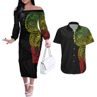 Hawaiian Traditional Tattoos Couples Matching Off The Shoulder Long Sleeve Dress and Hawaiian Shirt Kakau Tribal Tropical Plant Motif Kanaka Maoli Flag Color Inspired