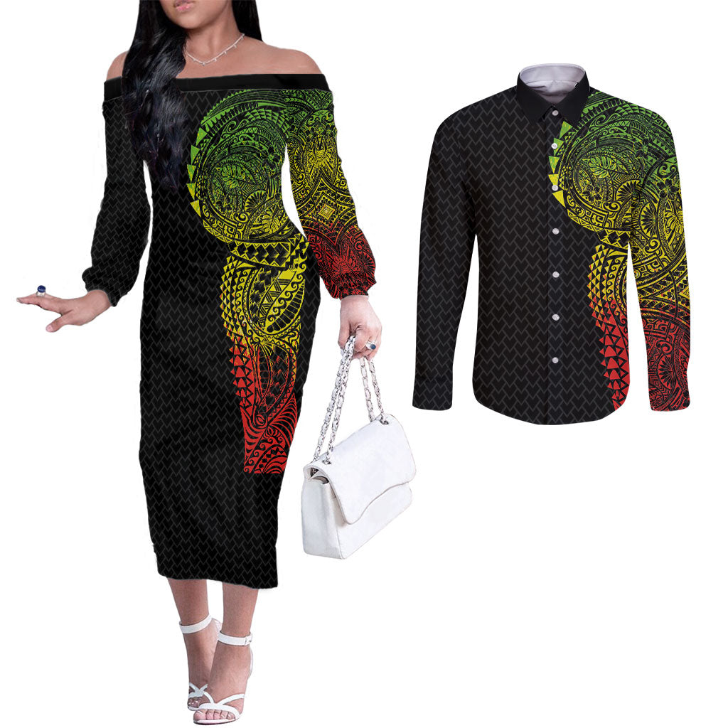 Hawaiian Traditional Tattoos Couples Matching Off The Shoulder Long Sleeve Dress and Long Sleeve Button Shirt Kakau Tribal Tropical Plant Motif Kanaka Maoli Flag Color Inspired