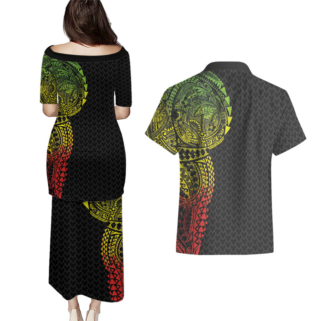Hawaiian Traditional Tattoos Couples Matching Puletasi and Hawaiian Shirt Kakau Tribal Tropical Plant Motif Kanaka Maoli Flag Color Inspired LT03 - Polynesian Pride