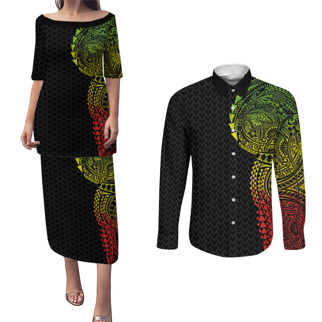 Hawaiian Traditional Tattoos Couples Matching Puletasi and Long Sleeve Button Shirt Kakau Tribal Tropical Plant Motif Kanaka Maoli Flag Color Inspired