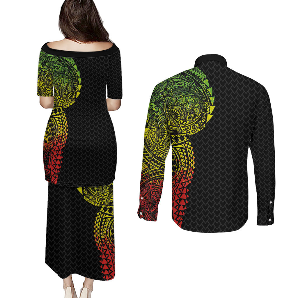 Hawaiian Traditional Tattoos Couples Matching Puletasi and Long Sleeve Button Shirt Kakau Tribal Tropical Plant Motif Kanaka Maoli Flag Color Inspired