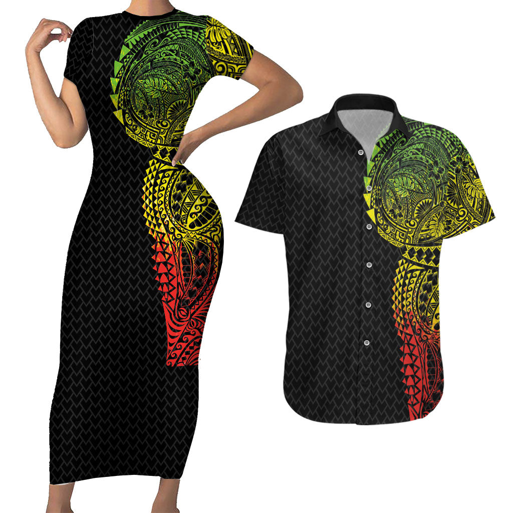 Hawaiian Traditional Tattoos Couples Matching Short Sleeve Bodycon Dress and Hawaiian Shirt Kakau Tribal Tropical Plant Motif Kanaka Maoli Flag Color Inspired