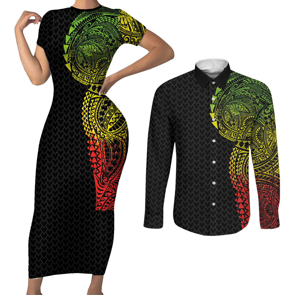 Hawaiian Traditional Tattoos Couples Matching Short Sleeve Bodycon Dress and Long Sleeve Button Shirt Kakau Tribal Tropical Plant Motif Kanaka Maoli Flag Color Inspired LT03 Multicolor - Polynesian Pride