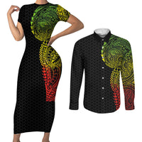 Hawaiian Traditional Tattoos Couples Matching Short Sleeve Bodycon Dress and Long Sleeve Button Shirt Kakau Tribal Tropical Plant Motif Kanaka Maoli Flag Color Inspired LT03 Multicolor - Polynesian Pride