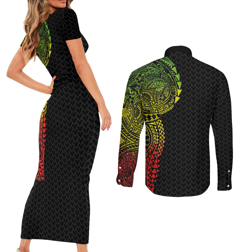 Hawaiian Traditional Tattoos Couples Matching Short Sleeve Bodycon Dress and Long Sleeve Button Shirt Kakau Tribal Tropical Plant Motif Kanaka Maoli Flag Color Inspired LT03 - Polynesian Pride