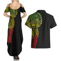 Hawaiian Traditional Tattoos Couples Matching Summer Maxi Dress and Hawaiian Shirt Kakau Tribal Tropical Plant Motif Kanaka Maoli Flag Color Inspired