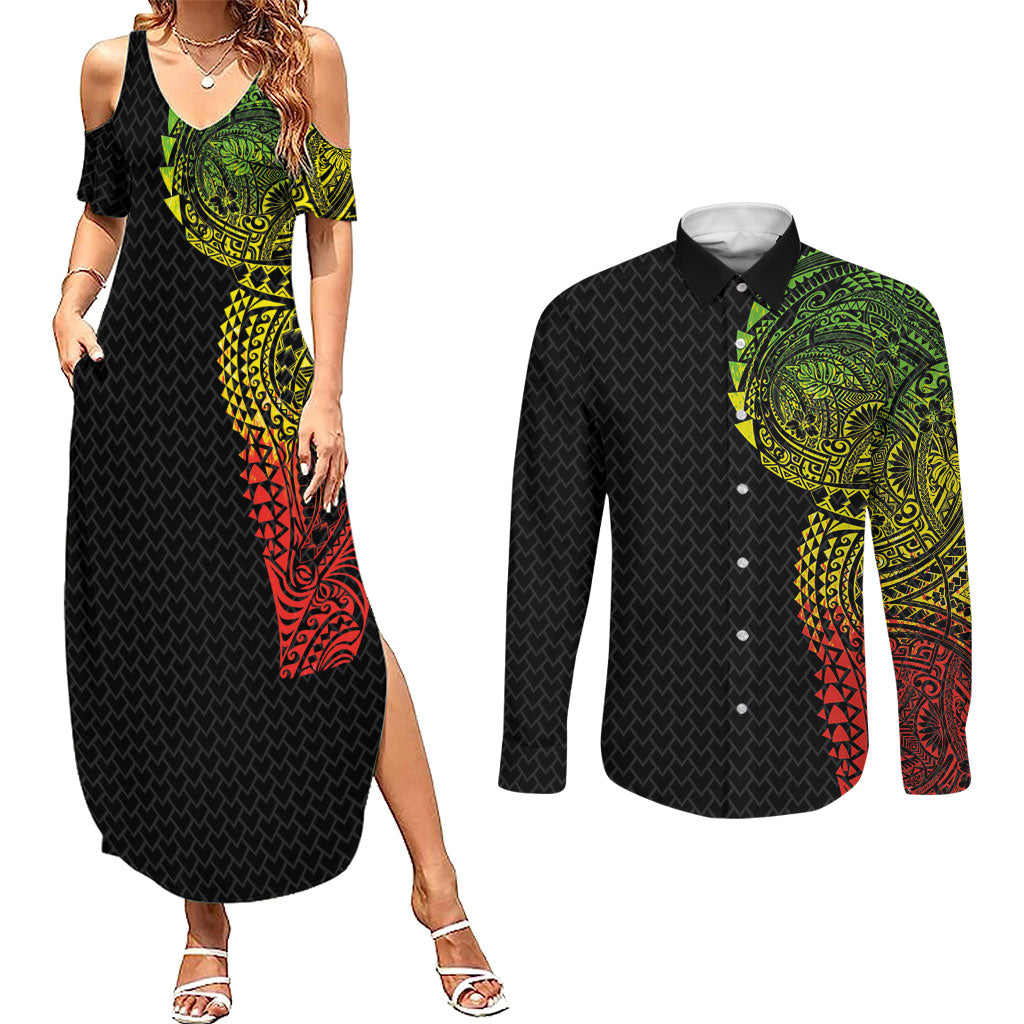 Hawaiian Traditional Tattoos Couples Matching Summer Maxi Dress and Long Sleeve Button Shirt Kakau Tribal Tropical Plant Motif Kanaka Maoli Flag Color Inspired LT03 Multicolor - Polynesian Pride