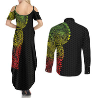Hawaiian Traditional Tattoos Couples Matching Summer Maxi Dress and Long Sleeve Button Shirt Kakau Tribal Tropical Plant Motif Kanaka Maoli Flag Color Inspired LT03 - Polynesian Pride