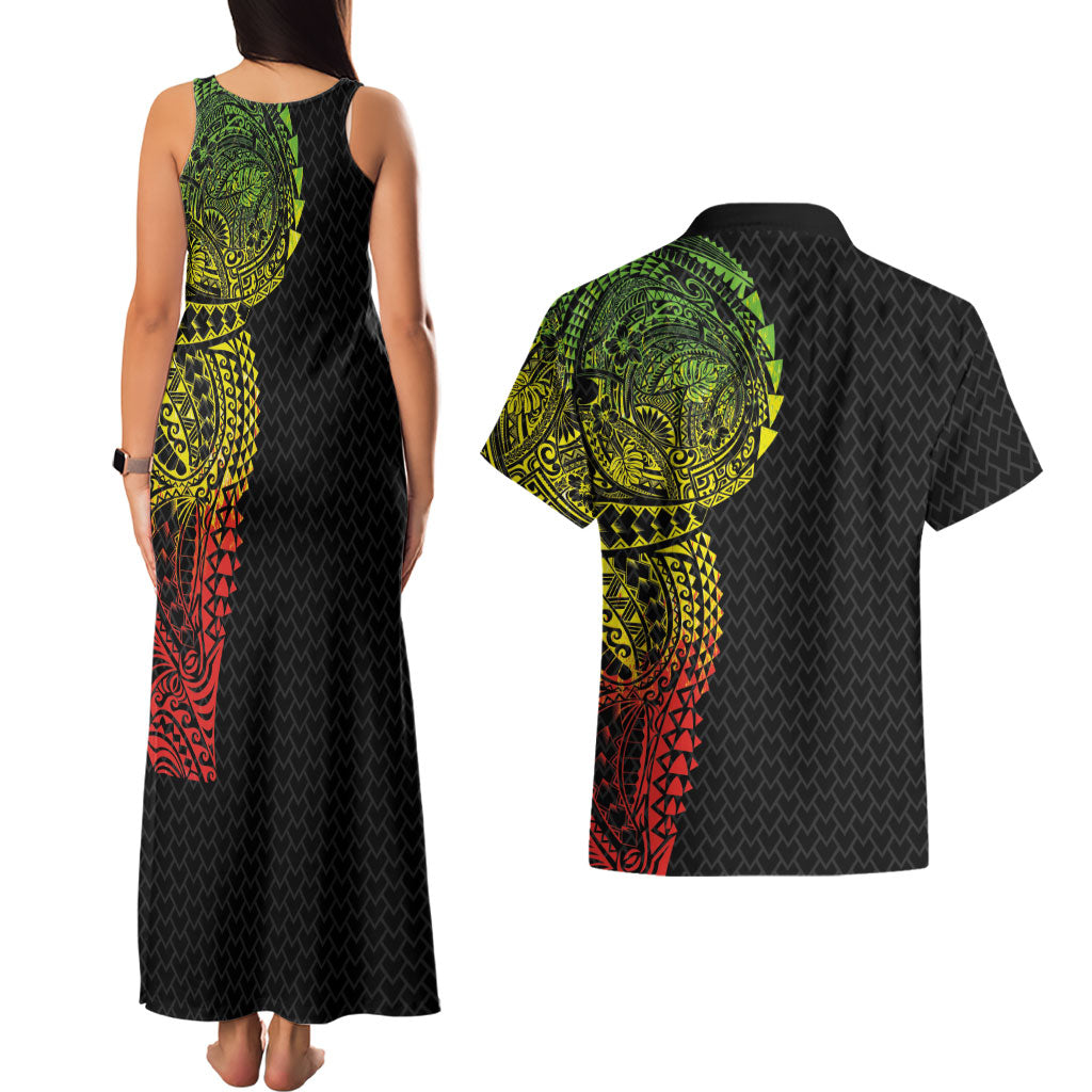 Hawaiian Traditional Tattoos Couples Matching Tank Maxi Dress and Hawaiian Shirt Kakau Tribal Tropical Plant Motif Kanaka Maoli Flag Color Inspired