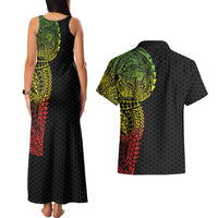 Hawaiian Traditional Tattoos Couples Matching Tank Maxi Dress and Hawaiian Shirt Kakau Tribal Tropical Plant Motif Kanaka Maoli Flag Color Inspired