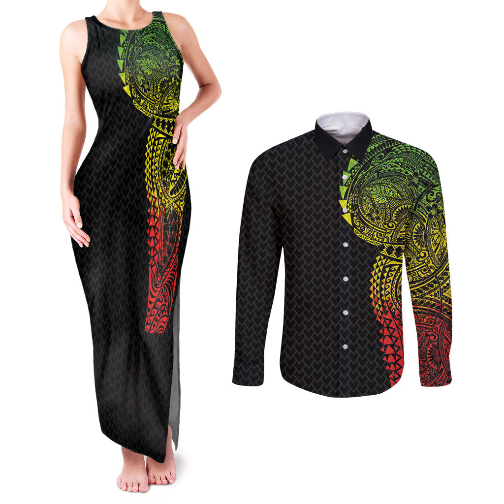 Hawaiian Traditional Tattoos Couples Matching Tank Maxi Dress and Long Sleeve Button Shirt Kakau Tribal Tropical Plant Motif Kanaka Maoli Flag Color Inspired