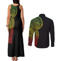 Hawaiian Traditional Tattoos Couples Matching Tank Maxi Dress and Long Sleeve Button Shirt Kakau Tribal Tropical Plant Motif Kanaka Maoli Flag Color Inspired