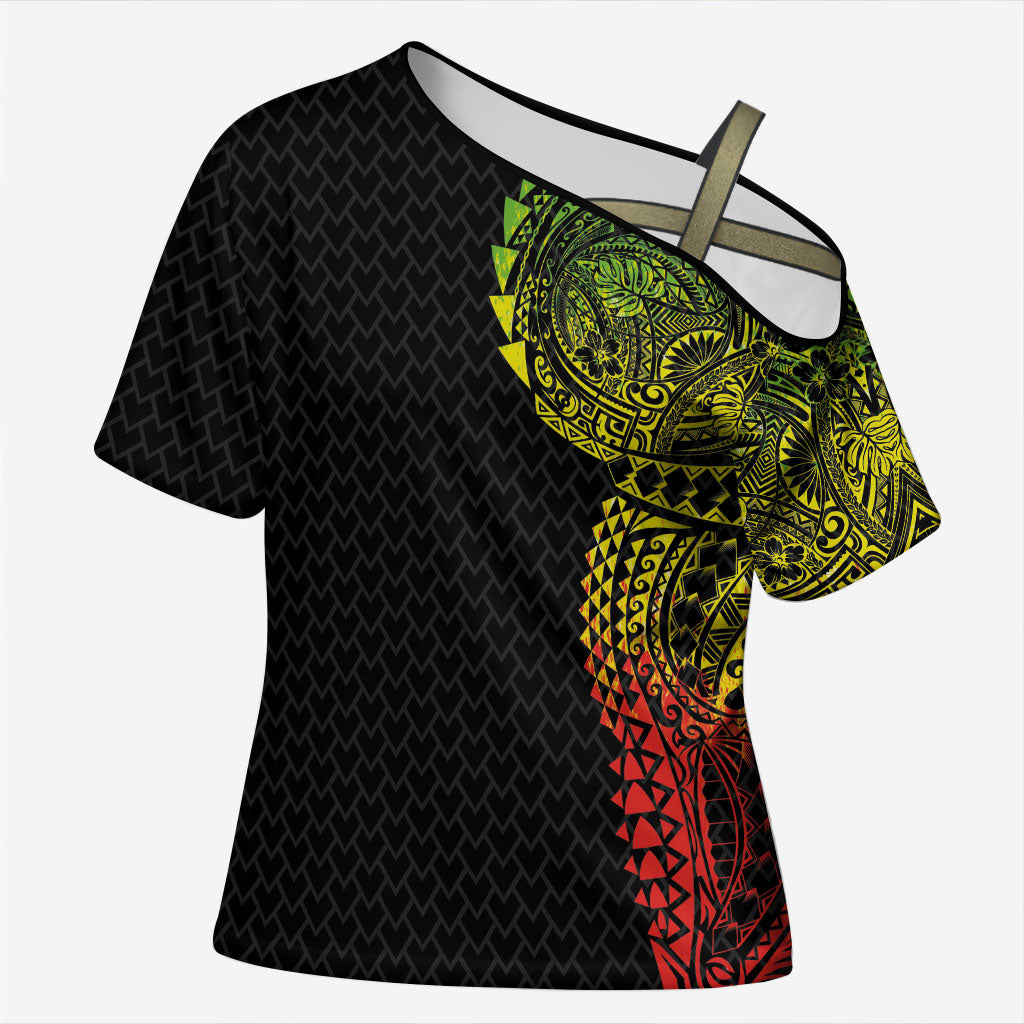 Hawaiian Traditional Tattoos Cross Shoulder Shirt Kakau Tribal Tropical Plant Motif Kanaka Maoli Flag Color Inspired