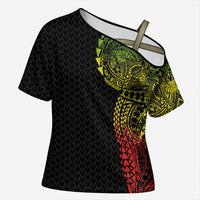 Hawaiian Traditional Tattoos Cross Shoulder Shirt Kakau Tribal Tropical Plant Motif Kanaka Maoli Flag Color Inspired