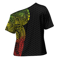 Hawaiian Traditional Tattoos Cross Shoulder Shirt Kakau Tribal Tropical Plant Motif Kanaka Maoli Flag Color Inspired