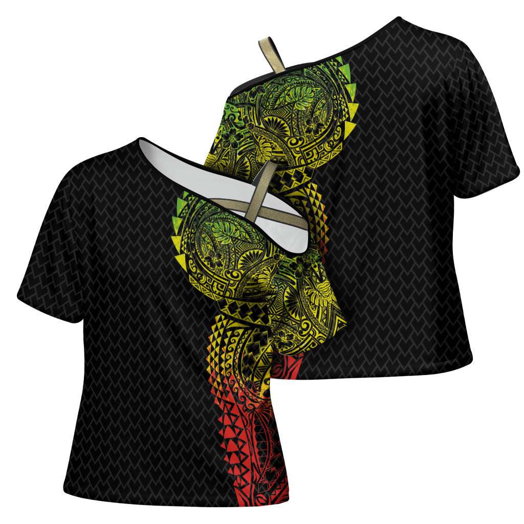 Hawaiian Traditional Tattoos Cross Shoulder Shirt Kakau Tribal Tropical Plant Motif Kanaka Maoli Flag Color Inspired