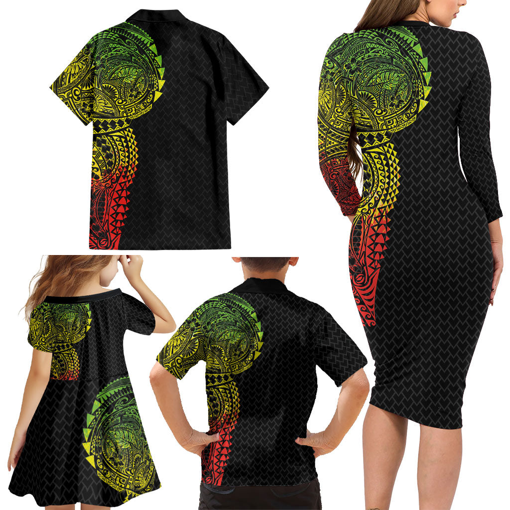 Hawaiian Traditional Tattoos Family Matching Long Sleeve Bodycon Dress and Hawaiian Shirt Kakau Tribal Tropical Plant Motif Kanaka Maoli Flag Color Inspired