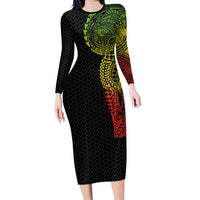 Hawaiian Traditional Tattoos Family Matching Long Sleeve Bodycon Dress and Hawaiian Shirt Kakau Tribal Tropical Plant Motif Kanaka Maoli Flag Color Inspired