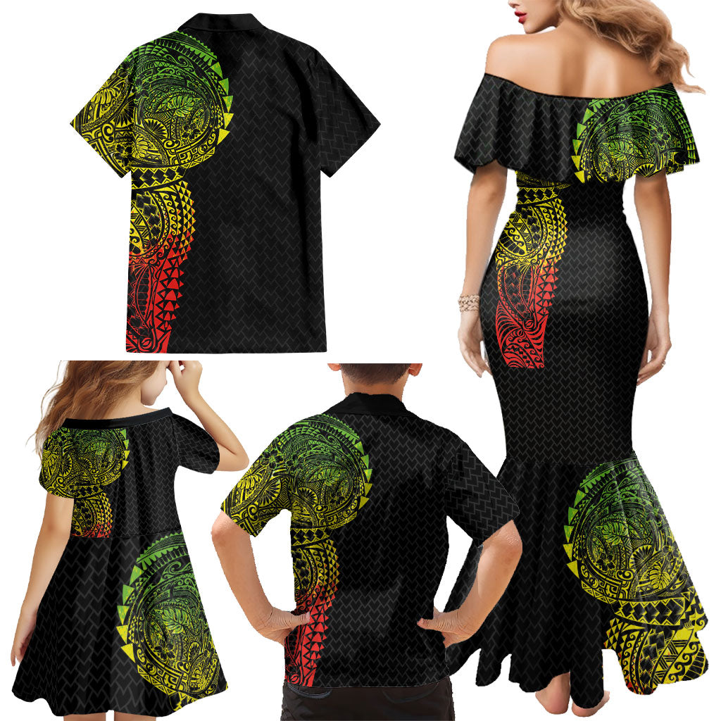 Hawaiian Traditional Tattoos Family Matching Mermaid Dress and Hawaiian Shirt Kakau Tribal Tropical Plant Motif Kanaka Maoli Flag Color Inspired