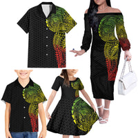 Hawaiian Traditional Tattoos Family Matching Off The Shoulder Long Sleeve Dress and Hawaiian Shirt Kakau Tribal Tropical Plant Motif Kanaka Maoli Flag Color Inspired