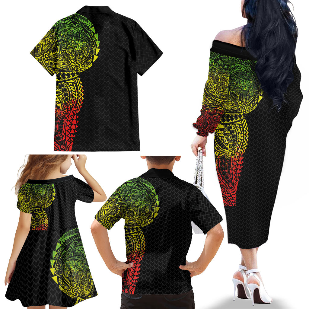 Hawaiian Traditional Tattoos Family Matching Off The Shoulder Long Sleeve Dress and Hawaiian Shirt Kakau Tribal Tropical Plant Motif Kanaka Maoli Flag Color Inspired