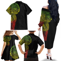 Hawaiian Traditional Tattoos Family Matching Off The Shoulder Long Sleeve Dress and Hawaiian Shirt Kakau Tribal Tropical Plant Motif Kanaka Maoli Flag Color Inspired