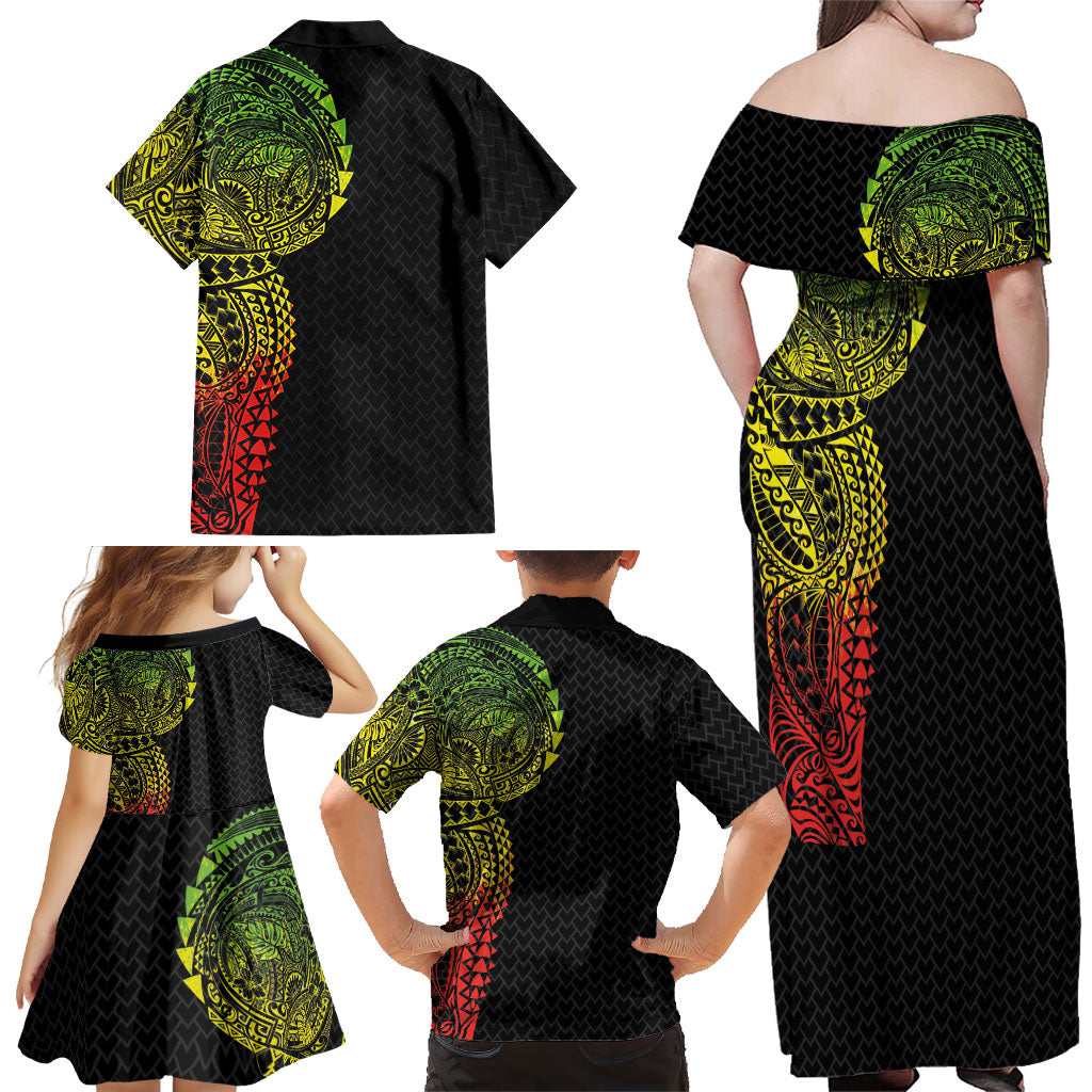 Hawaiian Traditional Tattoos Family Matching Off Shoulder Maxi Dress and Hawaiian Shirt Kakau Tribal Tropical Plant Motif Kanaka Maoli Flag Color Inspired