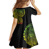 Hawaiian Traditional Tattoos Family Matching Off Shoulder Short Dress and Hawaiian Shirt Kakau Tribal Tropical Plant Motif Kanaka Maoli Flag Color Inspired