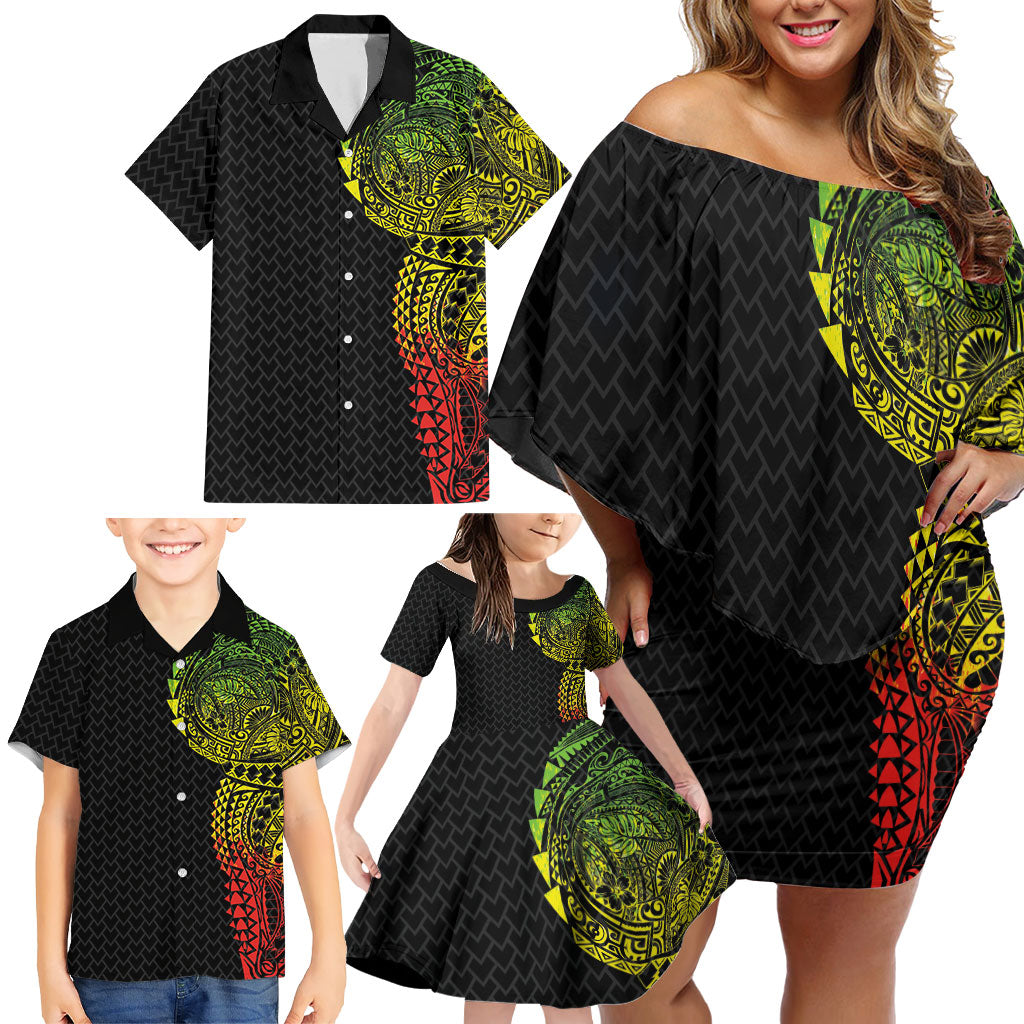 Hawaiian Traditional Tattoos Family Matching Off Shoulder Short Dress and Hawaiian Shirt Kakau Tribal Tropical Plant Motif Kanaka Maoli Flag Color Inspired
