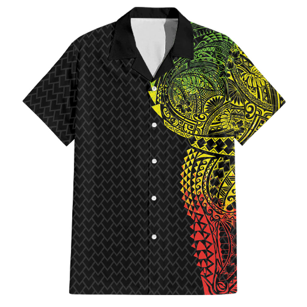 Hawaiian Traditional Tattoos Family Matching Off Shoulder Short Dress and Hawaiian Shirt Kakau Tribal Tropical Plant Motif Kanaka Maoli Flag Color Inspired