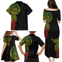 Hawaiian Traditional Tattoos Family Matching Puletasi and Hawaiian Shirt Kakau Tribal Tropical Plant Motif Kanaka Maoli Flag Color Inspired