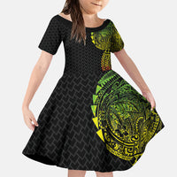 Hawaiian Traditional Tattoos Family Matching Short Sleeve Bodycon Dress and Hawaiian Shirt Kakau Tribal Tropical Plant Motif Kanaka Maoli Flag Color Inspired