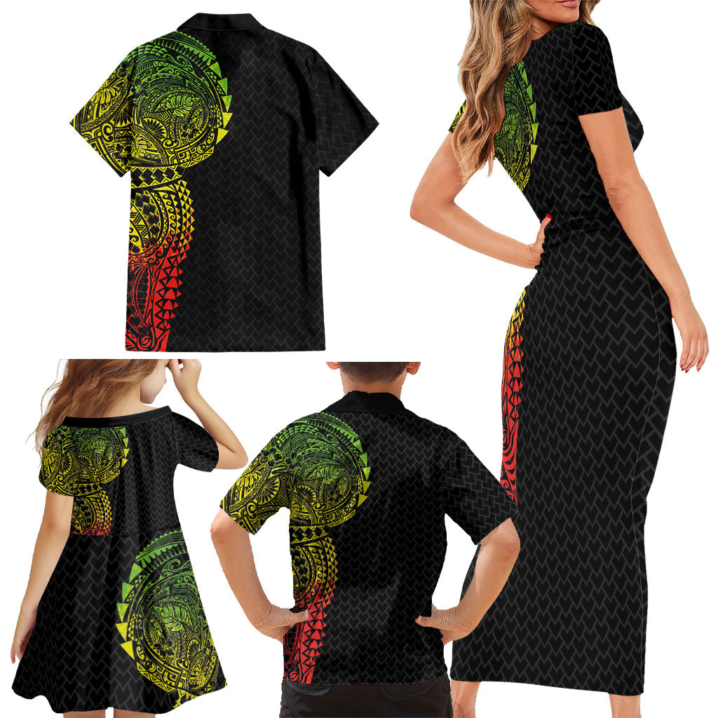 Hawaiian Traditional Tattoos Family Matching Short Sleeve Bodycon Dress and Hawaiian Shirt Kakau Tribal Tropical Plant Motif Kanaka Maoli Flag Color Inspired
