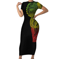 Hawaiian Traditional Tattoos Family Matching Short Sleeve Bodycon Dress and Hawaiian Shirt Kakau Tribal Tropical Plant Motif Kanaka Maoli Flag Color Inspired
